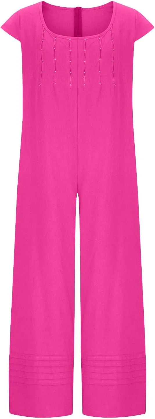 HGps8w 2025 Summer Womens Plus Size Loose Cotton Linen Jumpsuit Cap Sleeve Casual Solid Baggy Rompers Wide Leg Long Pants