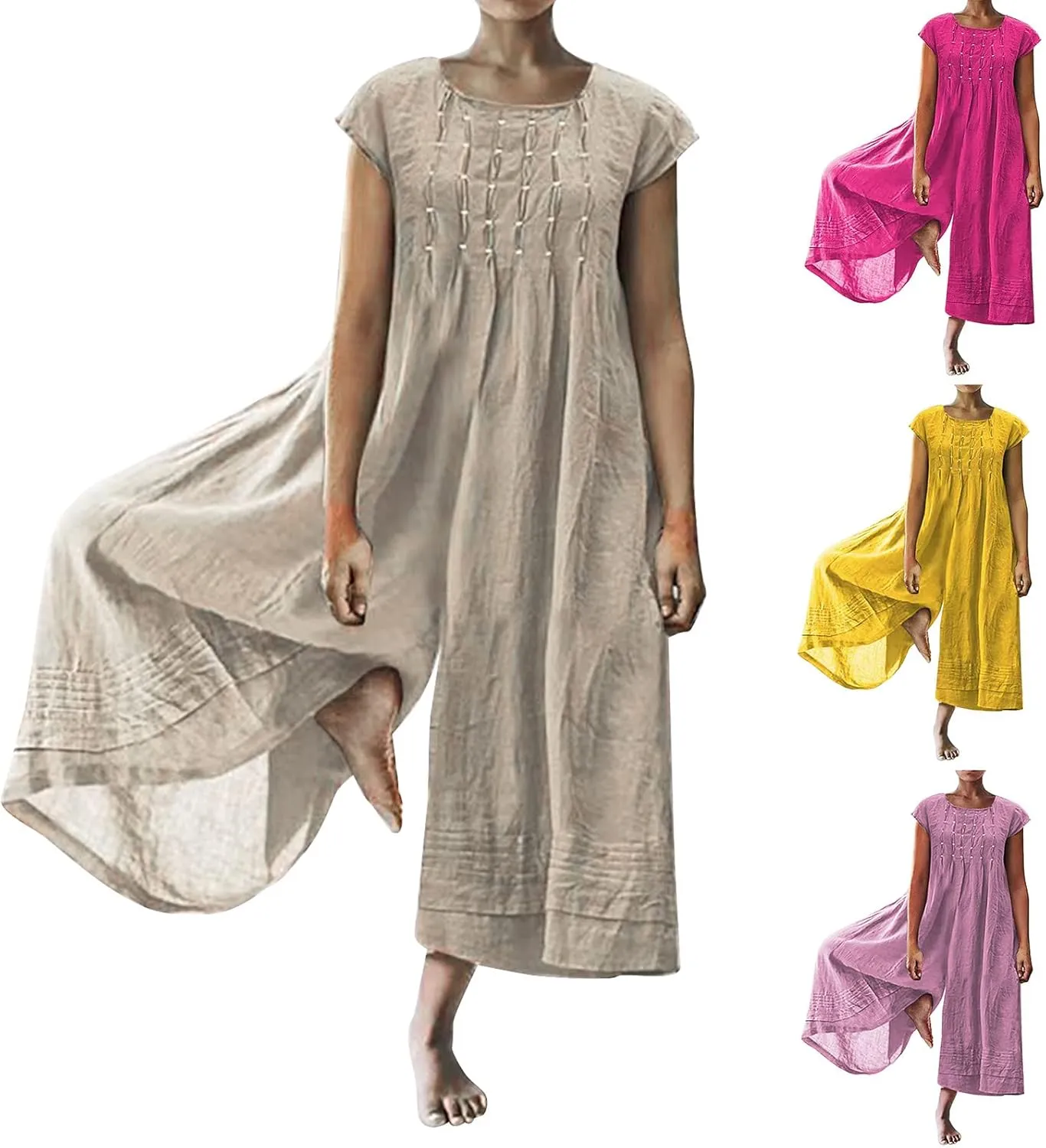 HGps8w 2025 Summer Womens Plus Size Loose Cotton Linen Jumpsuit Cap Sleeve Casual Solid Baggy Rompers Wide Leg Long Pants