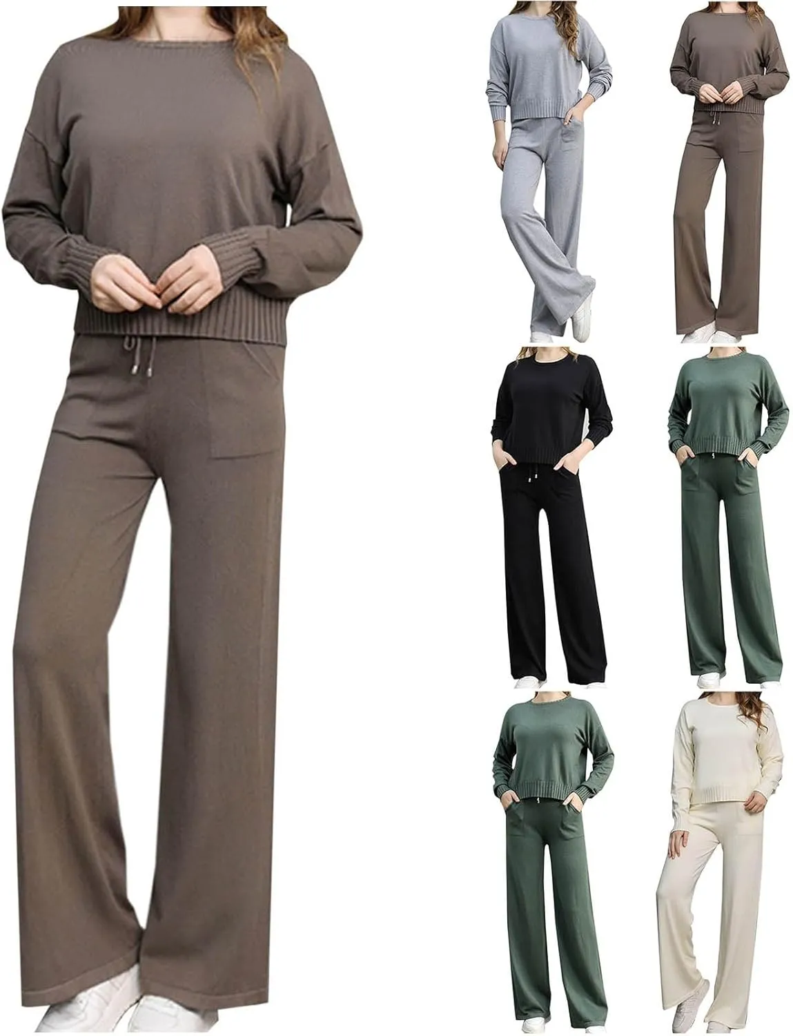 HGps8w Women's Knitted Pajama Sets Long Sleeve Sleepwear Soft Pjs Bottom Loose Sweaters 2 Piece Outfits Lounge Sets
