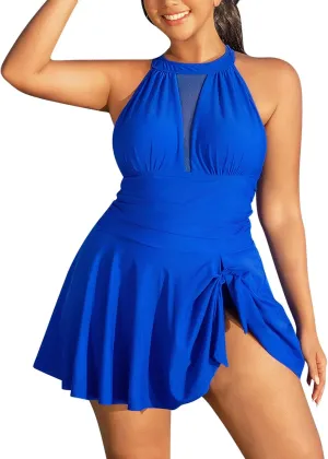 High Neck Swimsuits for Women One Piece Padded Backless Swimdress Skirted Long Torso Tummy Control Bathing Suit 2025