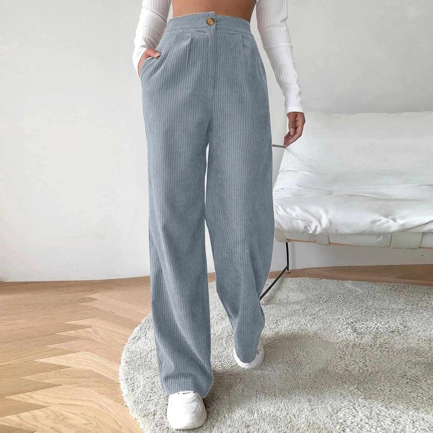 High Waist Cord Wide Leg Pants Straight Trousers Women Big Size Corduroy Pants Casual for Women