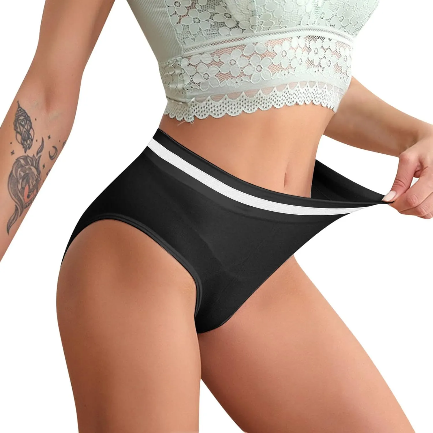 High Waisted Underwear for Women Ice Silk Thong Sheer Panel Breathable Stretch Fabric Comfort Fit Panties