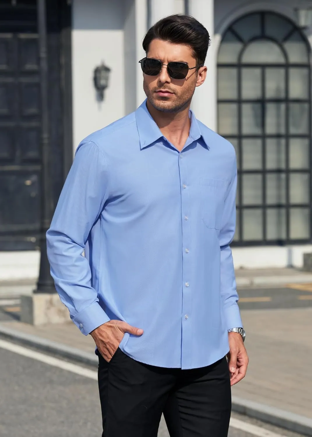 HISDERN Mens Stripe Dress Shirts Long Sleeve Button Down Shirt Formal Wrinkle Free Dress Shirts Business Cotton Shirt