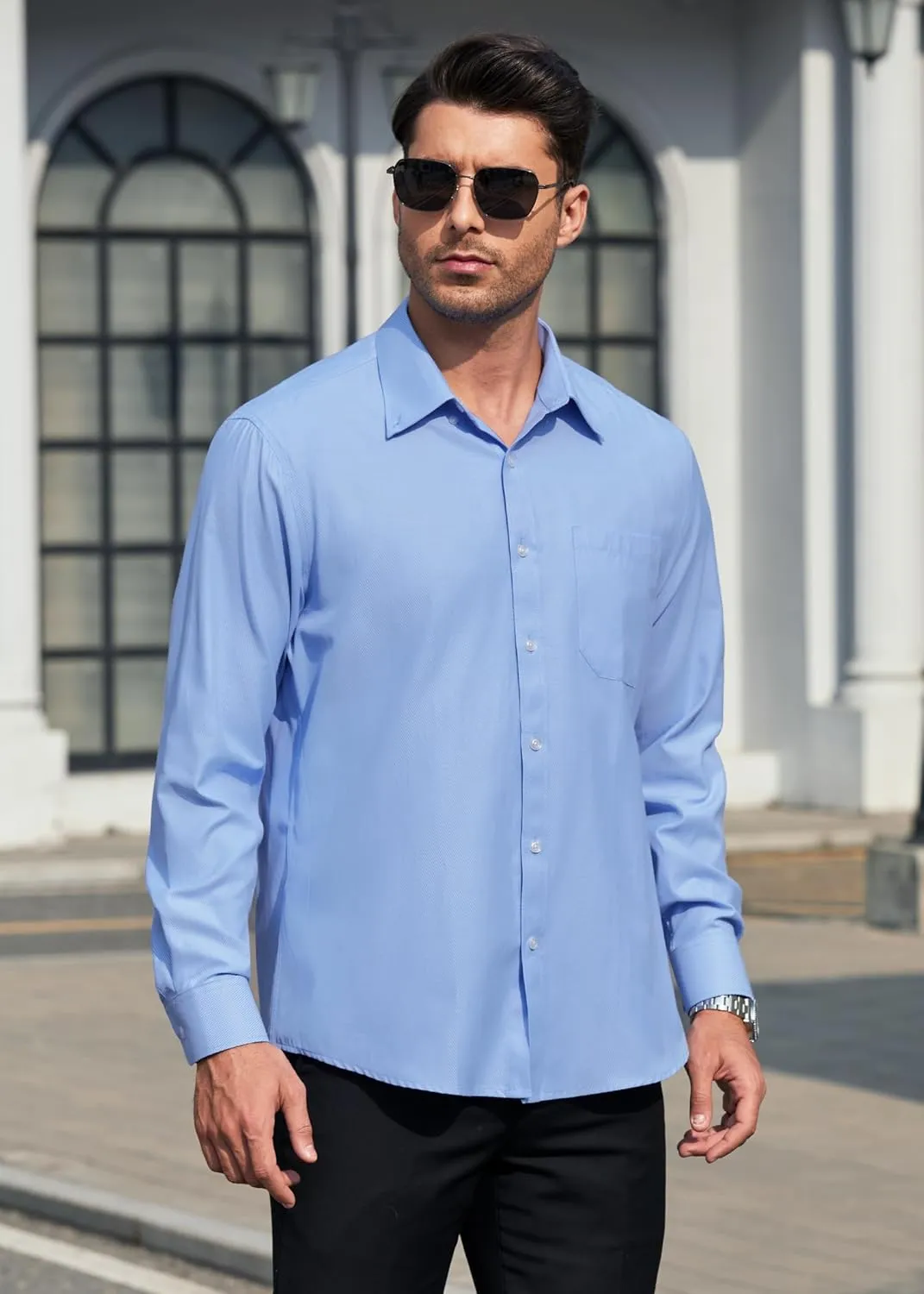 HISDERN Mens Stripe Dress Shirts Long Sleeve Button Down Shirt Formal Wrinkle Free Dress Shirts Business Cotton Shirt
