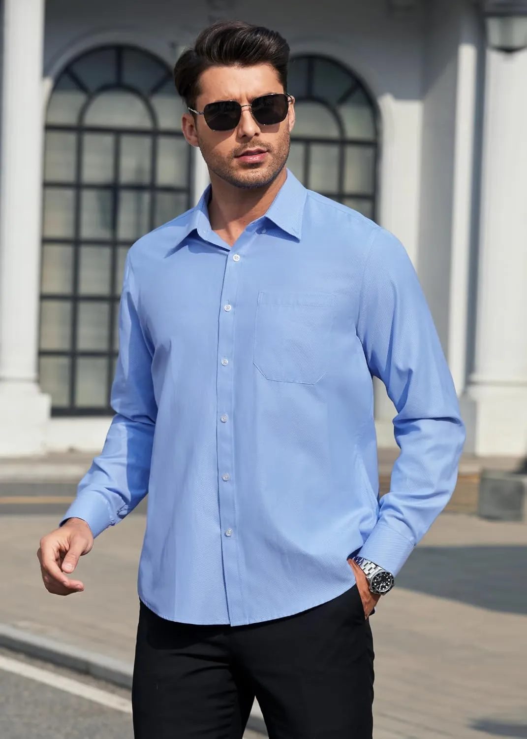 HISDERN Mens Stripe Dress Shirts Long Sleeve Button Down Shirt Formal Wrinkle Free Dress Shirts Business Cotton Shirt