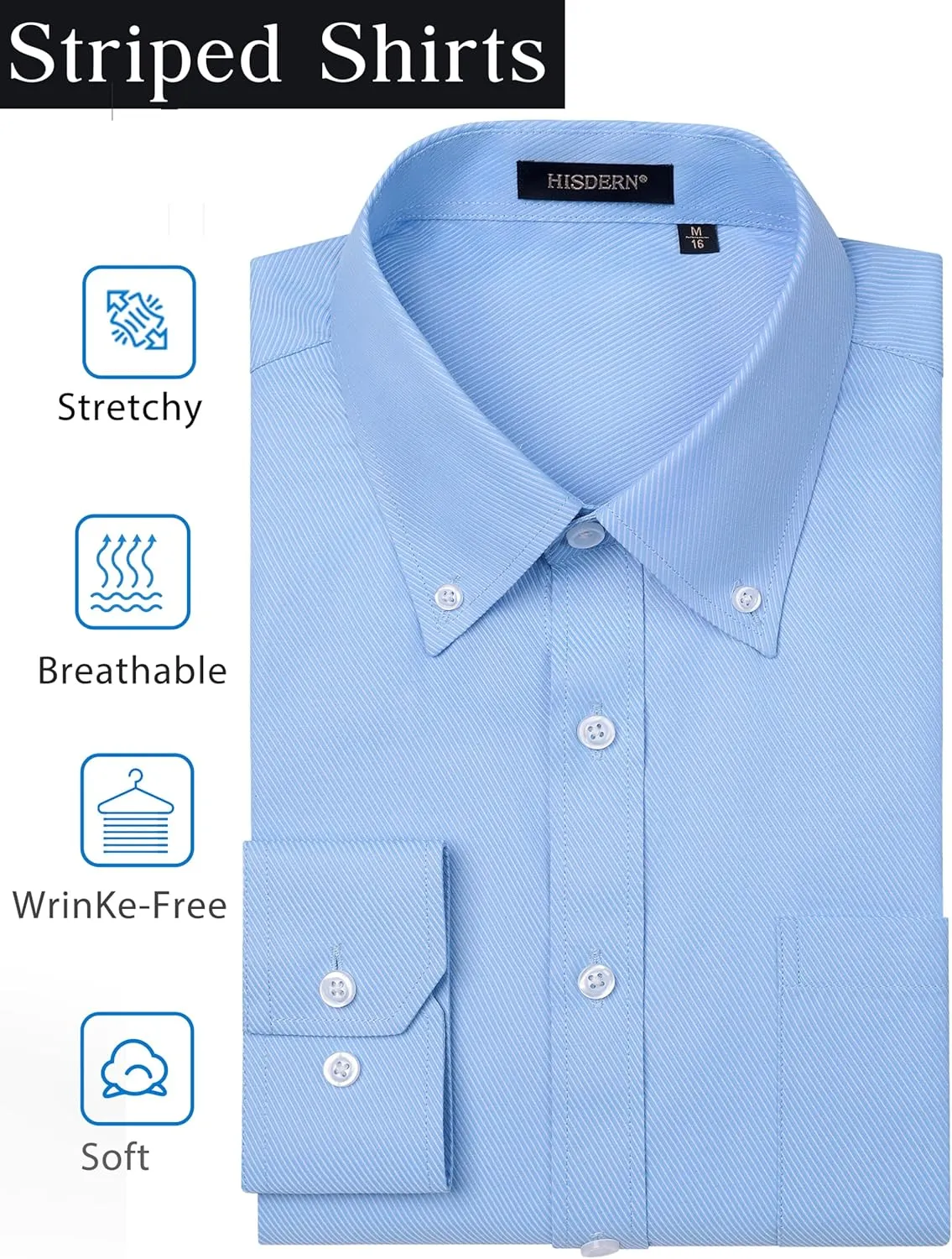 HISDERN Mens Stripe Dress Shirts Long Sleeve Button Down Shirt Formal Wrinkle Free Dress Shirts Business Cotton Shirt