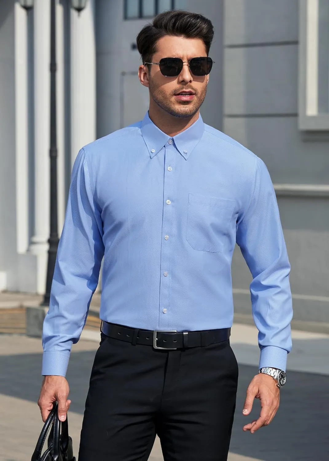 HISDERN Mens Stripe Dress Shirts Long Sleeve Button Down Shirt Formal Wrinkle Free Dress Shirts Business Cotton Shirt