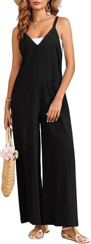 HOTIAN Womens V Neck Overalls Adjustable Strap Sleeveless Causal Rompers Jumpers Wide Leg Pants Jumpsuits with Zipper