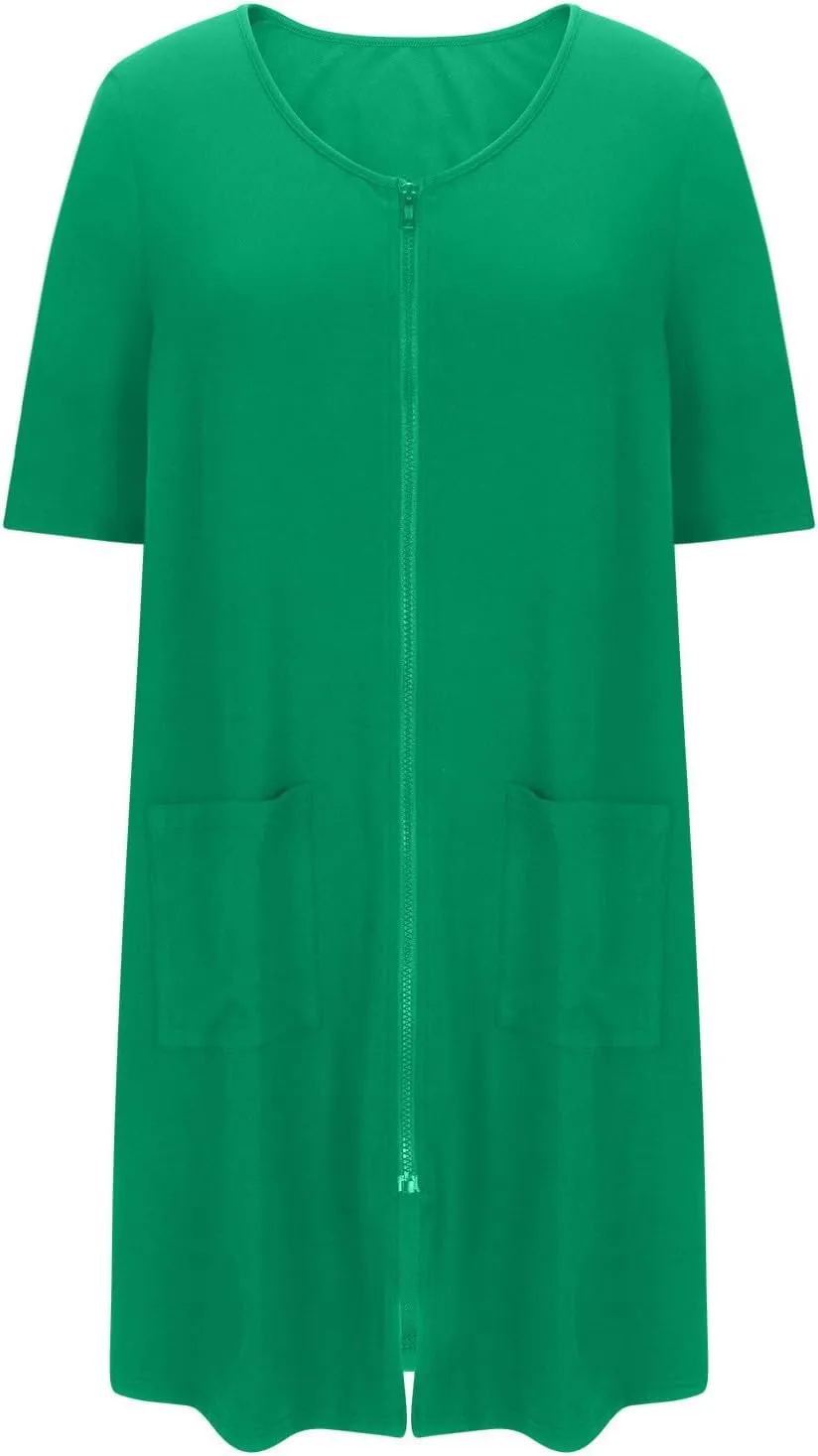 Housecoat for Women Zipper Front Bathrobe Short Sleeve Lounge Solid Color Housedress with Pocket Nightgown Nightie