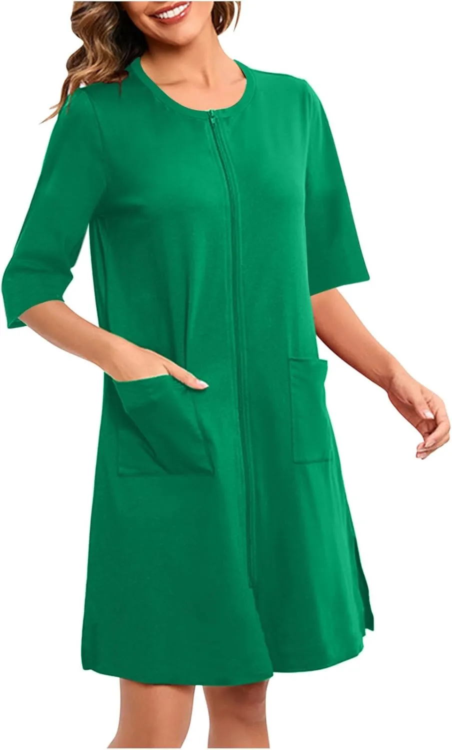 Housecoat for Women Zipper Front Bathrobe Short Sleeve Lounge Solid Color Housedress with Pocket Nightgown Nightie