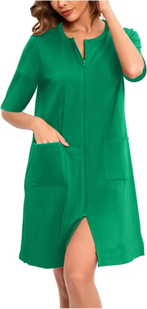 Housecoat for Women Zipper Front Bathrobe Short Sleeve Lounge Solid Color Housedress with Pocket Nightgown Nightie