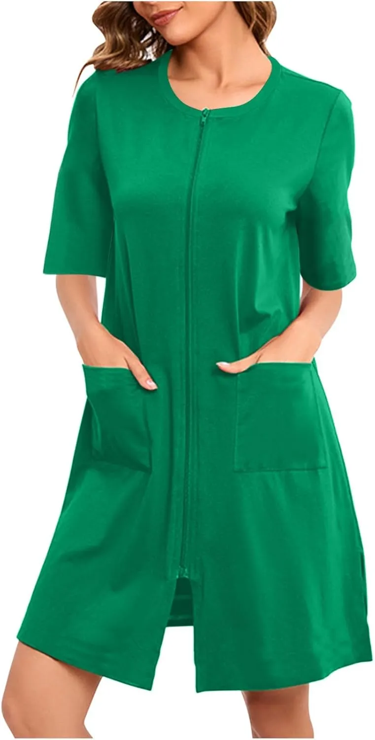 Housecoat for Women Zipper Front Bathrobe Short Sleeve Lounge Solid Color Housedress with Pocket Nightgown Nightie