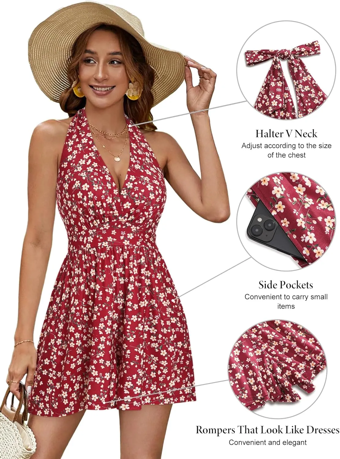 HUHOT Rompers for Women Casual Halter V Neck Backless Summer Sexy Beach Dressy 2025 Short Romper Dresses with Pockets