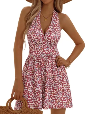 HUHOT Rompers for Women Casual Halter V Neck Backless Summer Sexy Beach Dressy 2025 Short Romper Dresses with Pockets
