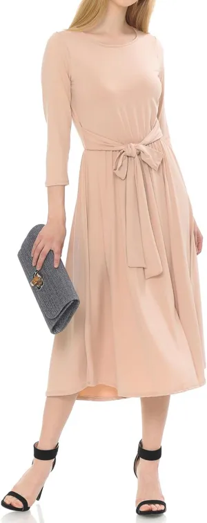 iconic luxe Women's A-Line Midi Dress with Waist Tie Formal Casual