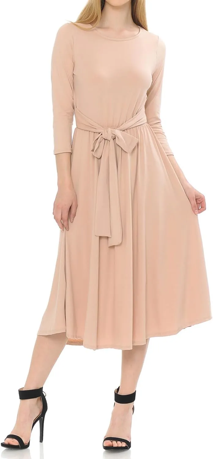 iconic luxe Women's A-Line Midi Dress with Waist Tie Formal Casual