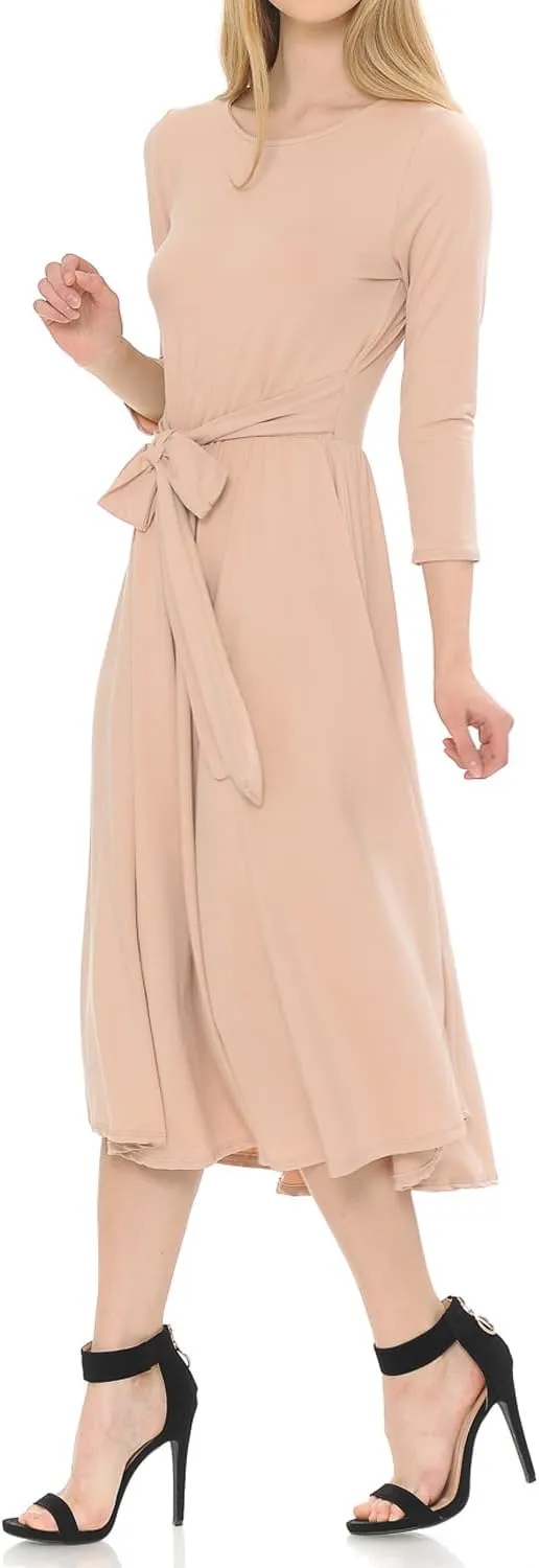 iconic luxe Women's A-Line Midi Dress with Waist Tie Formal Casual