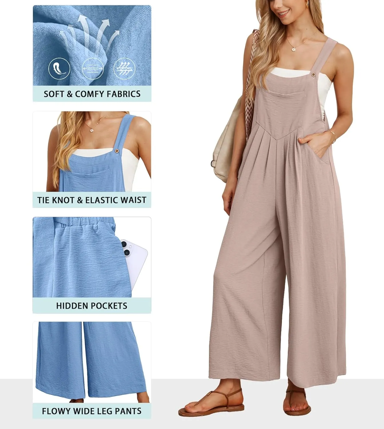IWOLLENCE Women's Summer Jumpsuits Boho Wide Leg Overalls Casual Loose Rompers with Pockets 2025