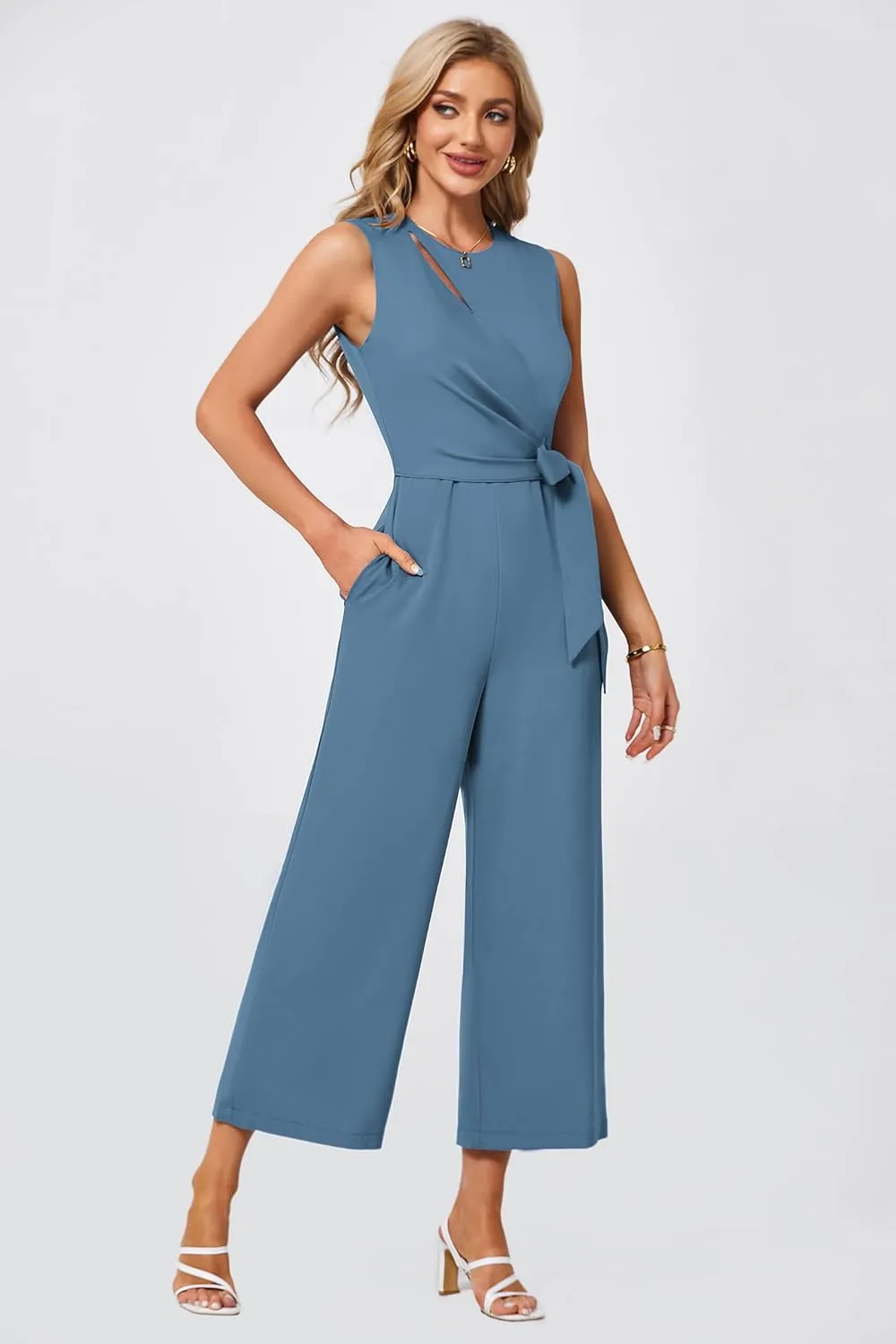 JASAMBAC Women's Jumpsuits Sleeveless Dressy Scoop Neck Cutout Ruched Romper Tummy Control Playsuit Casual with Pockets