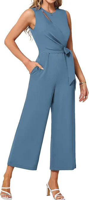 JASAMBAC Women's Jumpsuits Sleeveless Dressy Scoop Neck Cutout Ruched Romper Tummy Control Playsuit Casual with Pockets