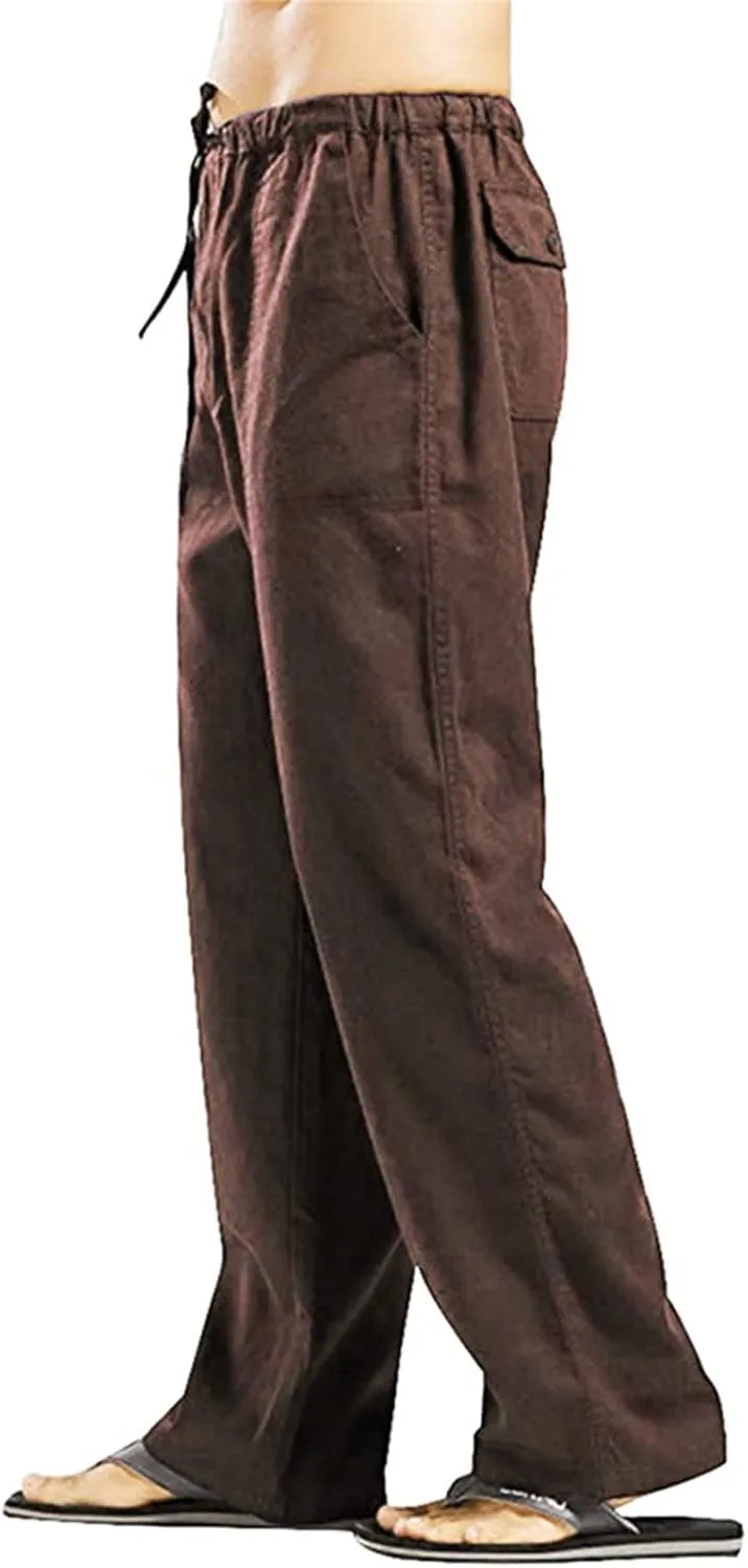 JEsilunmaMY Men's Linen Lounge Pants Elastic Waist Drawstring Pocket Slacks Solid Color Casual Loose Straight Leg Trousers