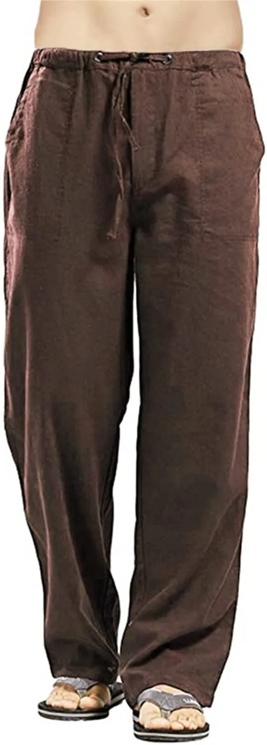 JEsilunmaMY Men's Linen Lounge Pants Elastic Waist Drawstring Pocket Slacks Solid Color Casual Loose Straight Leg Trousers