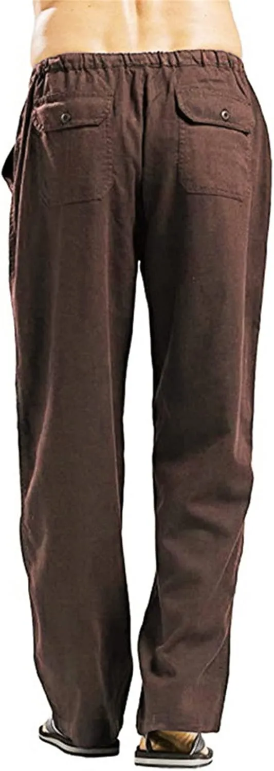 JEsilunmaMY Men's Linen Lounge Pants Elastic Waist Drawstring Pocket Slacks Solid Color Casual Loose Straight Leg Trousers