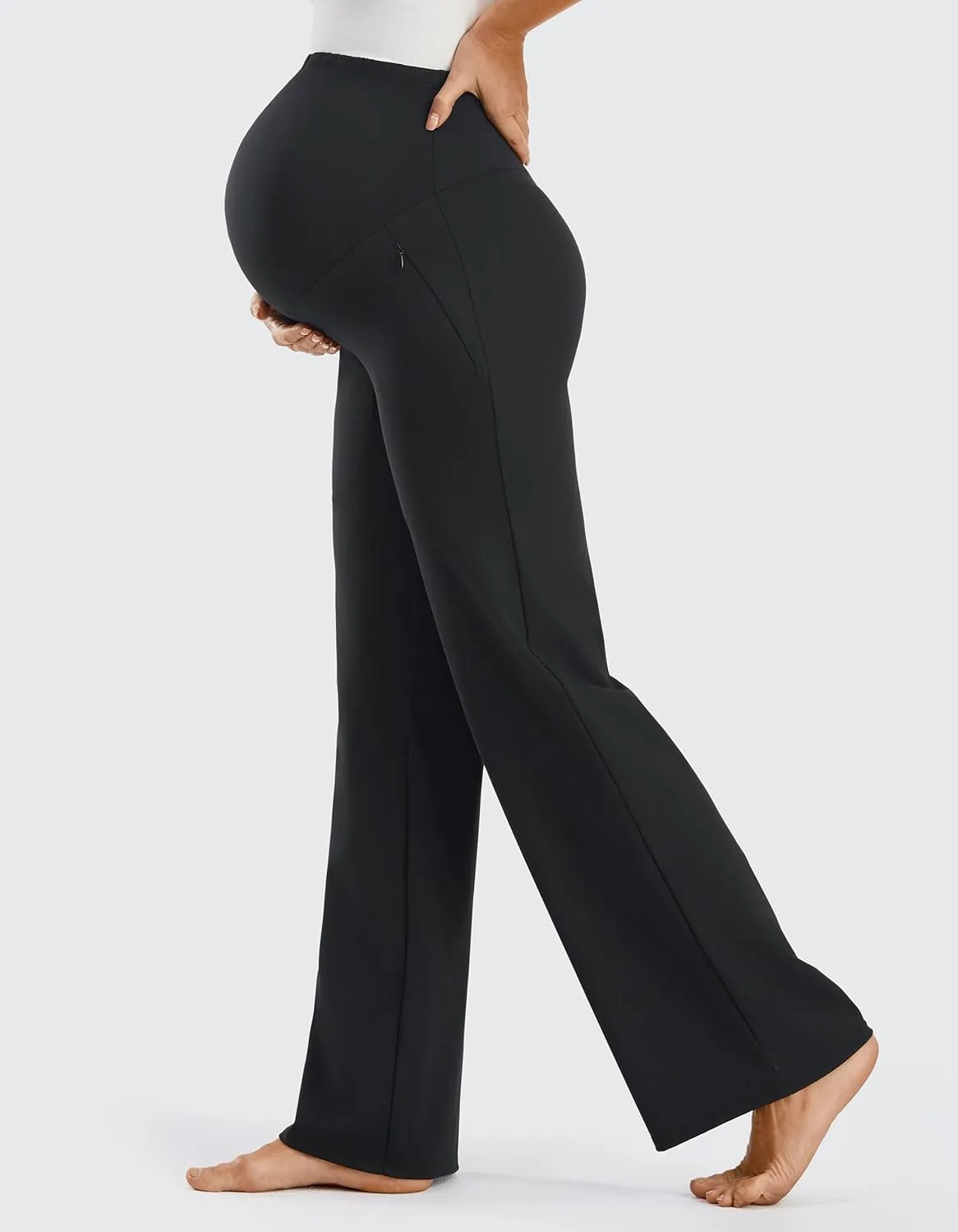 JOYSPELS Smooth Feeling Wide-Leg Maternity Work Pants Soft Pregnancy Yoga Pants with Zippered Pockets Over The Belly