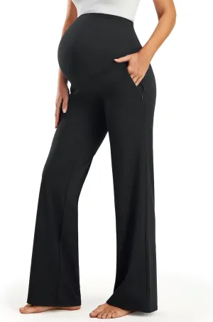 JOYSPELS Smooth Feeling Wide-Leg Maternity Work Pants Soft Pregnancy Yoga Pants with Zippered Pockets Over The Belly