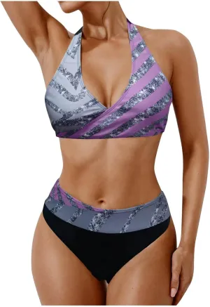 jsaierl Women Bikini Sets Sexy Triangle Bathing Suit Fashion Colourful Striped Print 2 Piece Swimwear Tummy Control Swimsuits