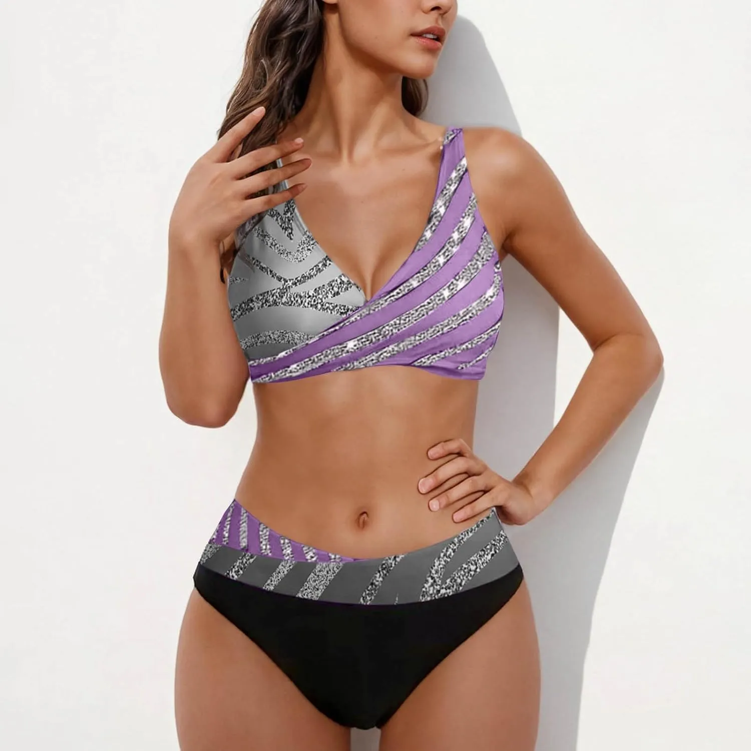 jsaierl Women Bikini Sets Sexy Triangle Bathing Suit Fashion Colourful Striped Print 2 Piece Swimwear Tummy Control Swimsuits