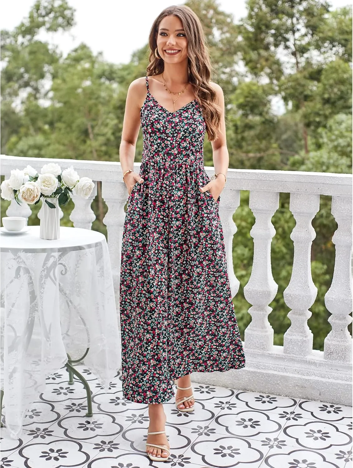 LAISHEN Wide Leg Jumpsuits for Women Dressy Casual 2024 Summer Rompers Smocked Sleeveless Floral Jumpers with Pockets