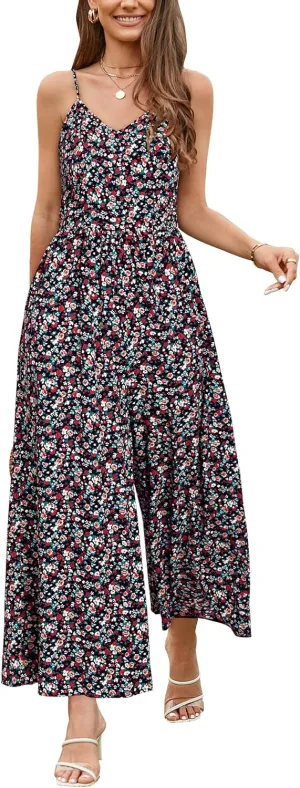 LAISHEN Wide Leg Jumpsuits for Women Dressy Casual 2024 Summer Rompers Smocked Sleeveless Floral Jumpers with Pockets
