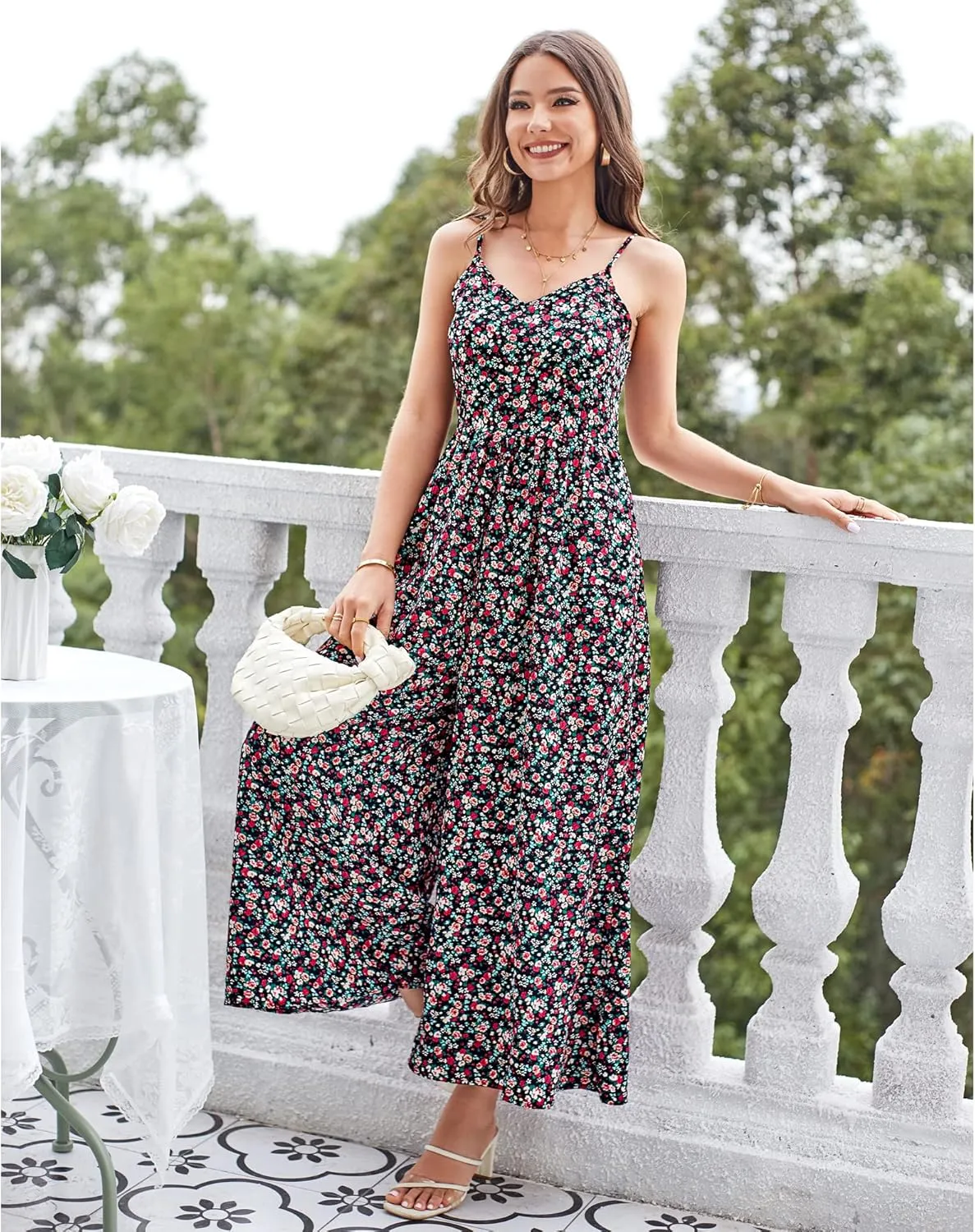 LAISHEN Wide Leg Jumpsuits for Women Dressy Casual 2024 Summer Rompers Smocked Sleeveless Floral Jumpers with Pockets