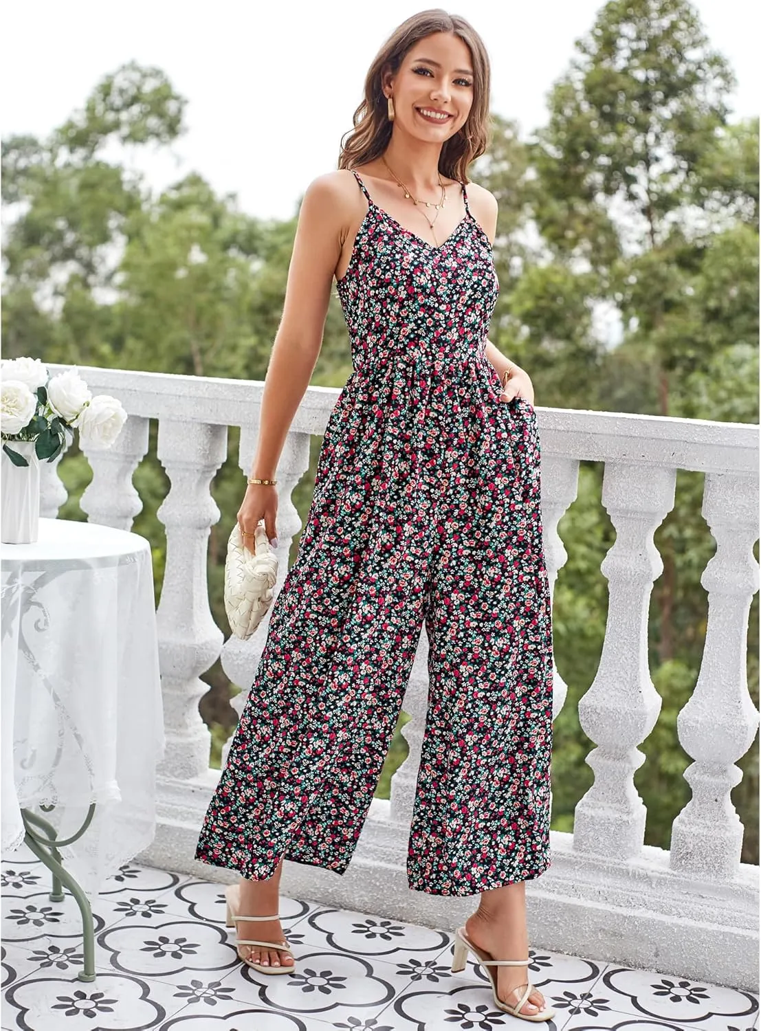 LAISHEN Wide Leg Jumpsuits for Women Dressy Casual 2024 Summer Rompers Smocked Sleeveless Floral Jumpers with Pockets