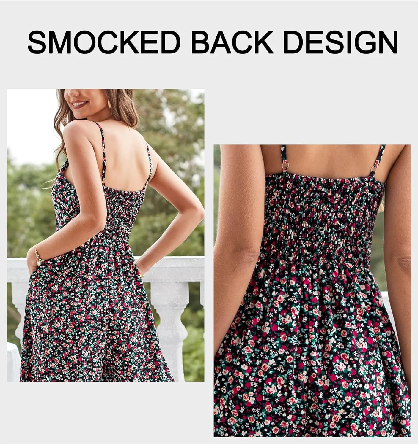 LAISHEN Wide Leg Jumpsuits for Women Dressy Casual 2024 Summer Rompers Smocked Sleeveless Floral Jumpers with Pockets