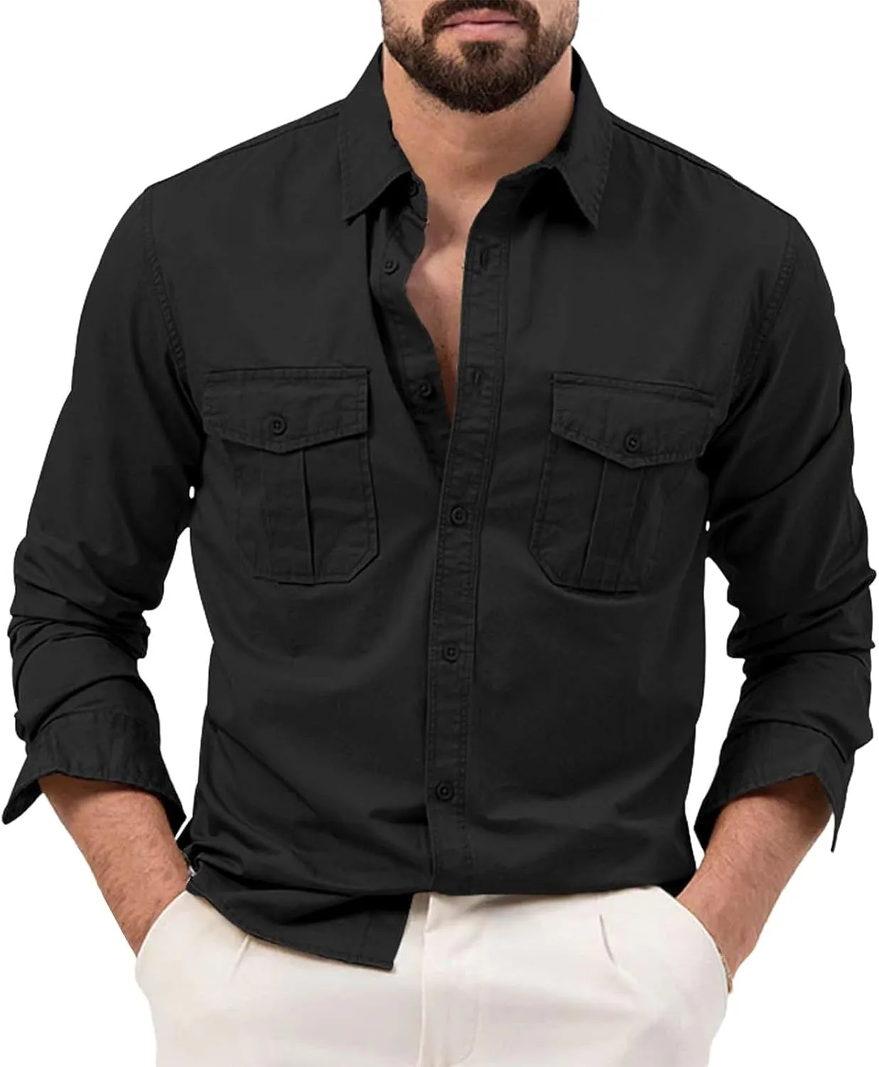 LCMTWX Men's Long Sleeve Button Up Shirts Long Sleeved Lapel Solid Color Shirt Shirt Double Pockets Men's Shirt Tee Shirts