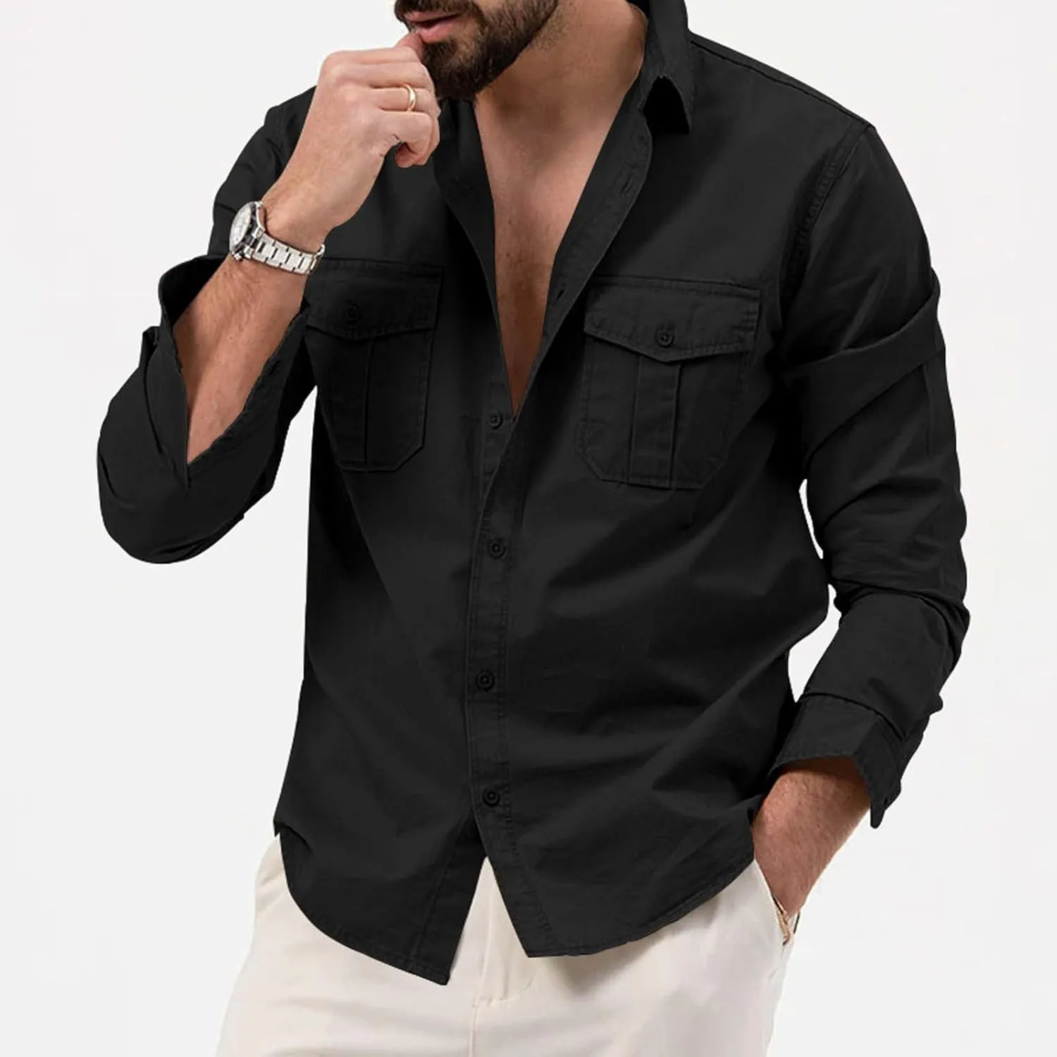 LCMTWX Men's Long Sleeve Button Up Shirts Long Sleeved Lapel Solid Color Shirt Shirt Double Pockets Men's Shirt Tee Shirts