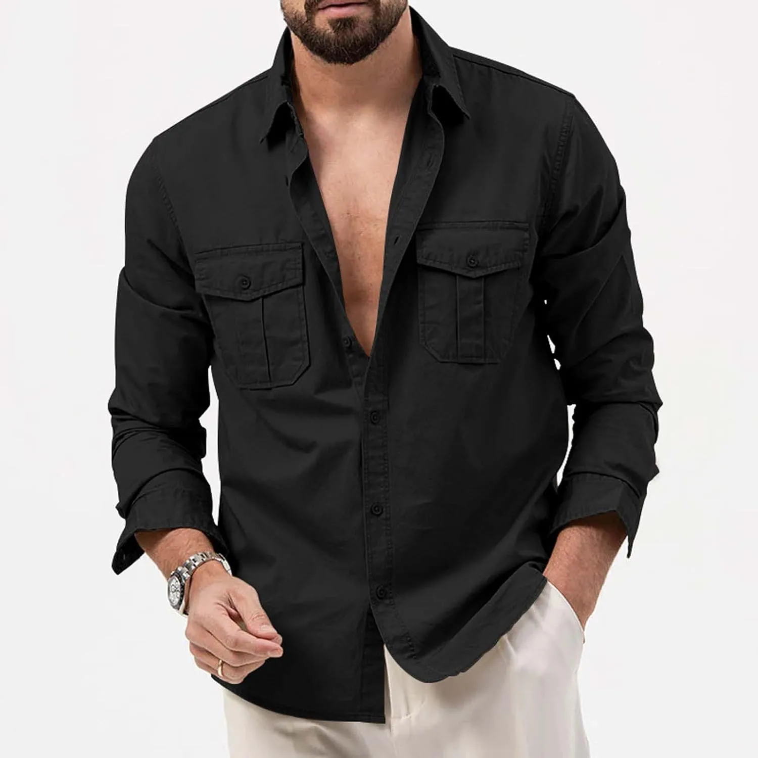 LCMTWX Men's Long Sleeve Button Up Shirts Long Sleeved Lapel Solid Color Shirt Shirt Double Pockets Men's Shirt Tee Shirts