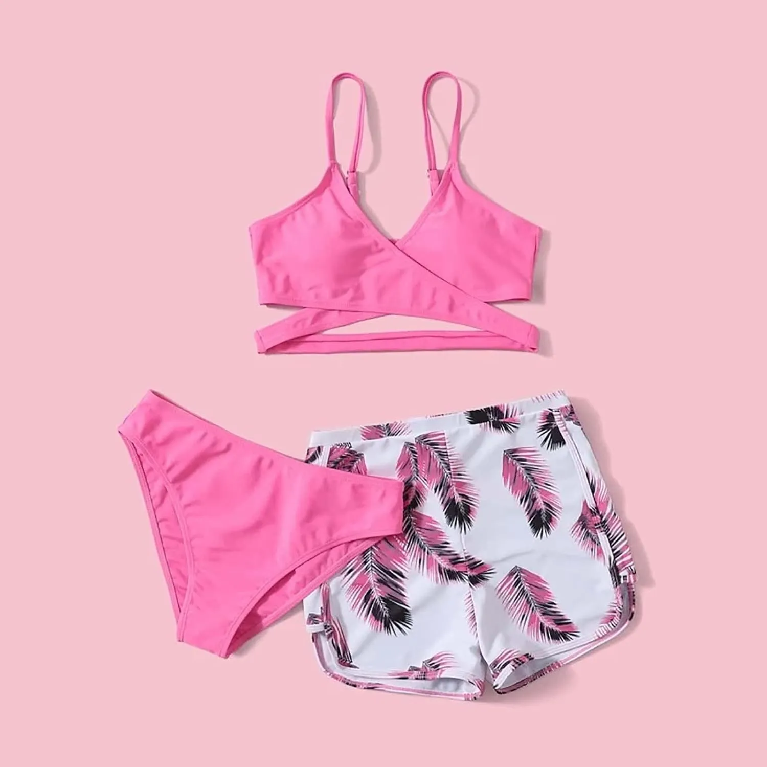 Leaf 3 Piece Bikini Sets with Swimming Shorts Criss Cross Spaghetti Strap Swimsuits High Waist Cut Out Swimwear