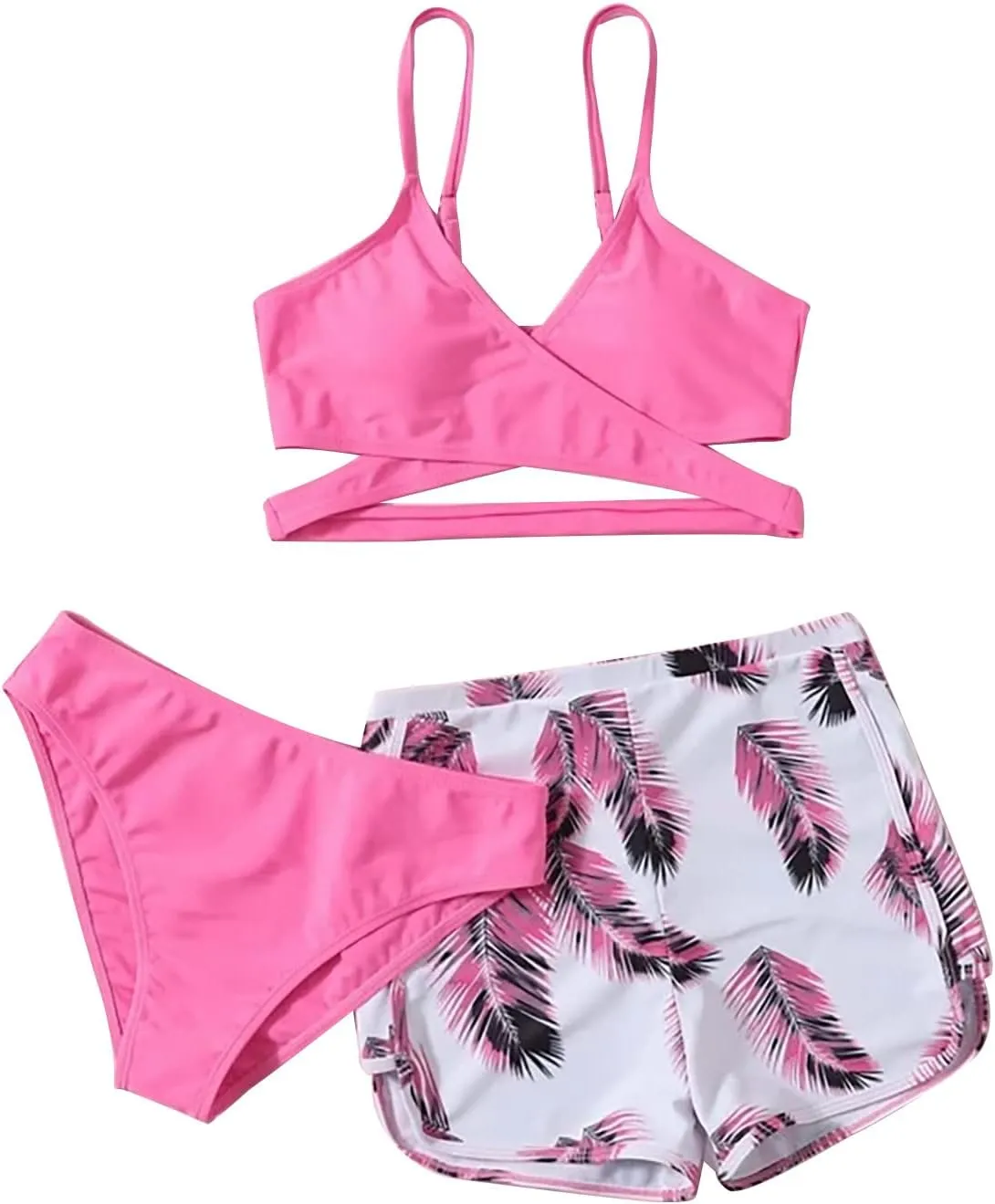 Leaf 3 Piece Bikini Sets with Swimming Shorts Criss Cross Spaghetti Strap Swimsuits High Waist Cut Out Swimwear