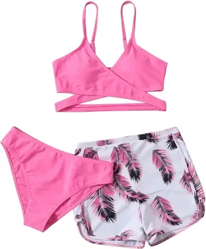 Leaf 3 Piece Bikini Sets with Swimming Shorts Criss Cross Spaghetti Strap Swimsuits High Waist Cut Out Swimwear