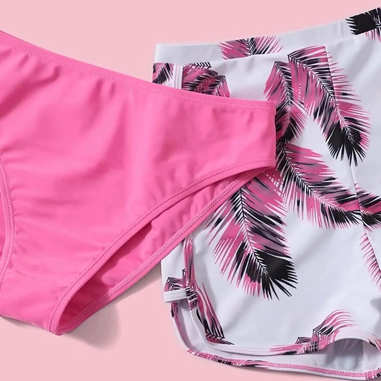 Leaf 3 Piece Bikini Sets with Swimming Shorts Criss Cross Spaghetti Strap Swimsuits High Waist Cut Out Swimwear