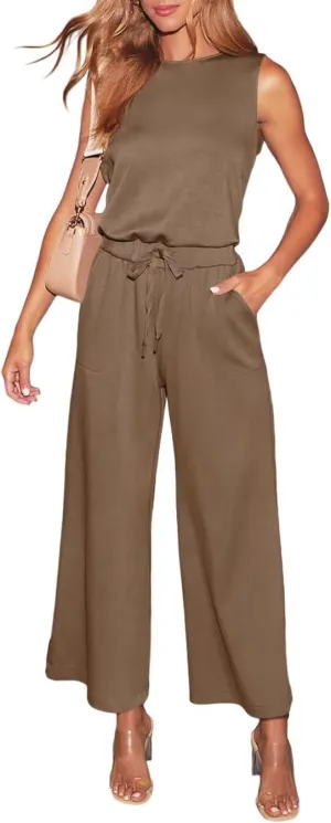 LEEDYA Womens Jumpsuits Dressy Summer Sleeveless Crewneck One Piece Jumpsuit Casual Wide Leg Long Pants Rompers 2025