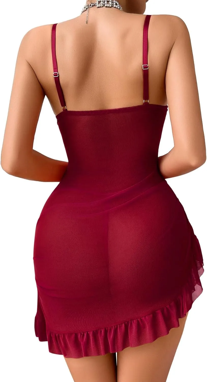 Lilosy Sexy Ruffle Floral Lace Mesh Sheer Corset Bodycon Babydoll Lingerie Dress Set with Thong 2 Piece
