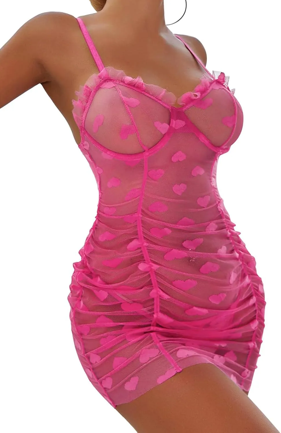 Lilosy Sexy Sheer Heart Mesh Underwire Ruched Ruffle Babydoll Club Cami Strap Lingerie Set with Thong