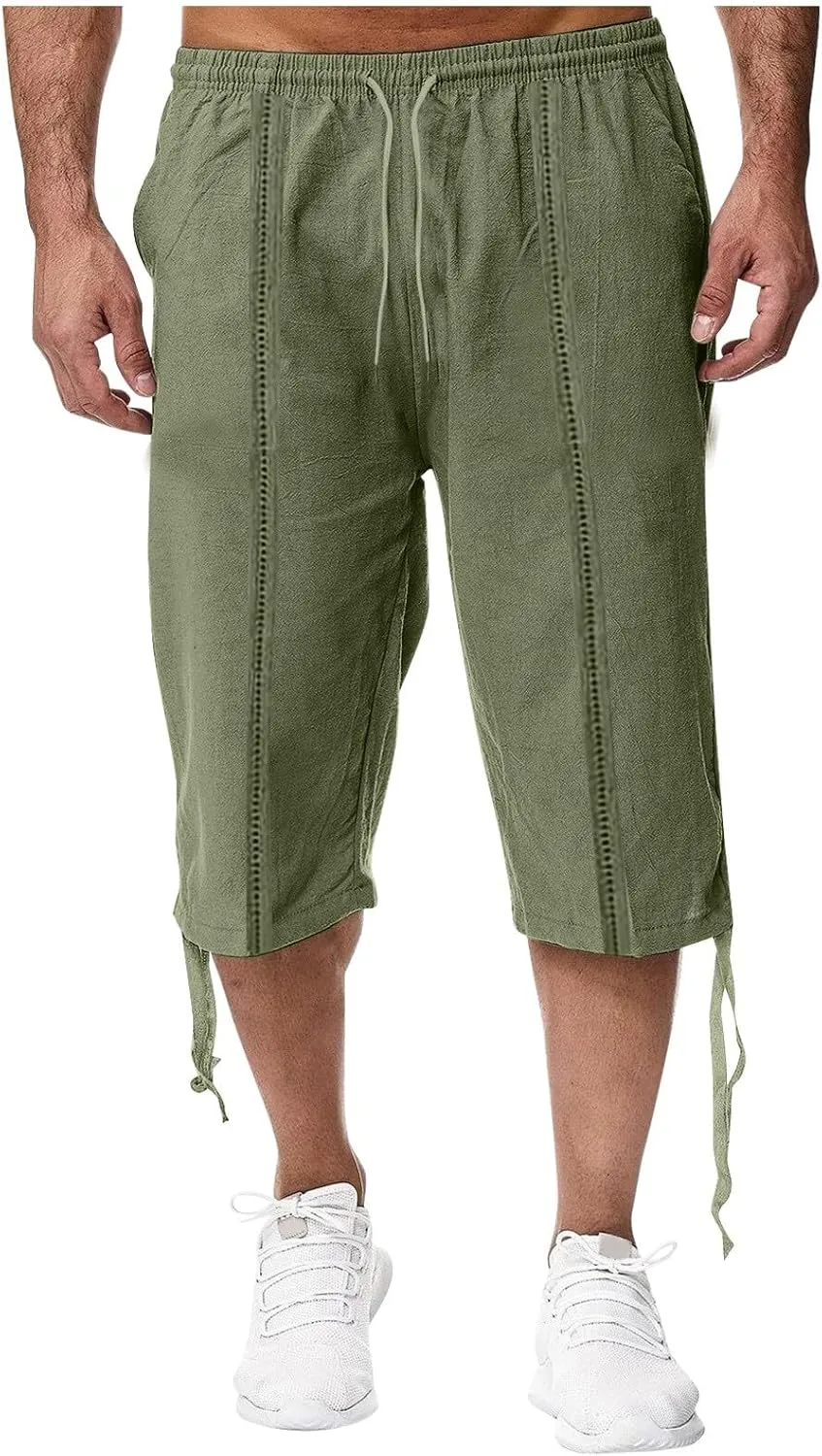 Linen Capris Pants for Men Casual Lightweight Drawstring Elastic Waist 3/4 Shorts Summer Beach Yoga Pants with Pocket