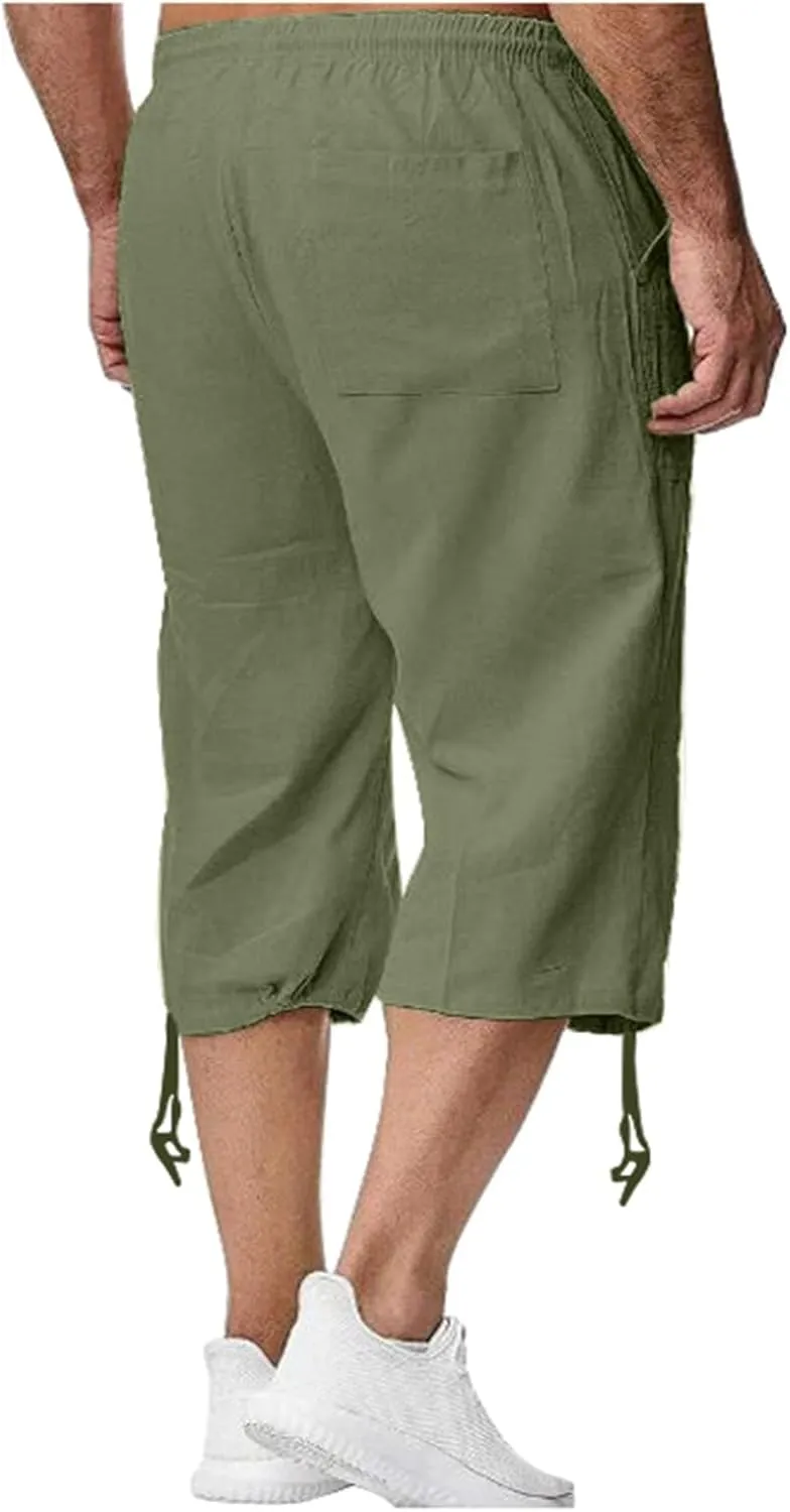 Linen Capris Pants for Men Casual Lightweight Drawstring Elastic Waist 3/4 Shorts Summer Beach Yoga Pants with Pocket