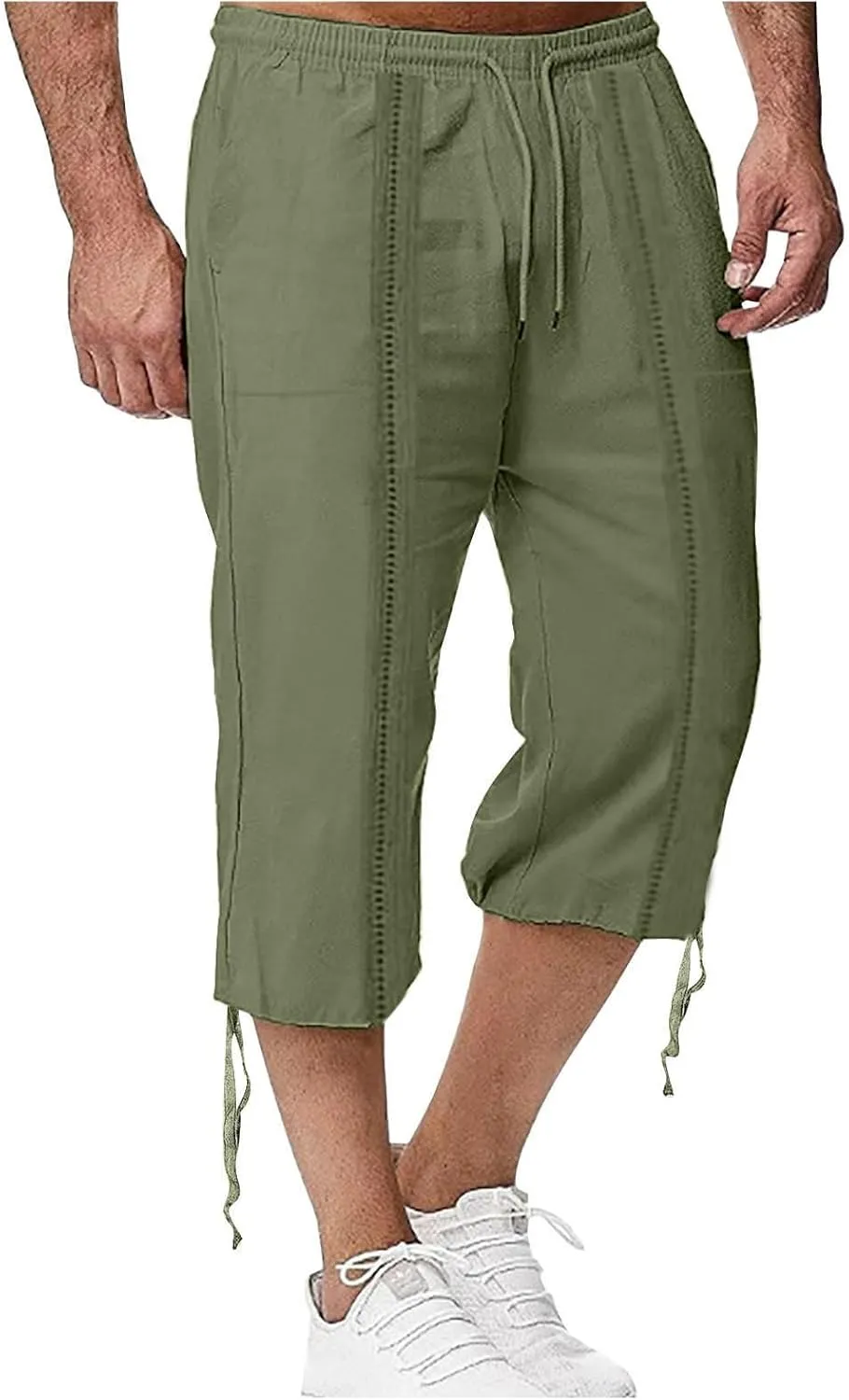 Linen Capris Pants for Men Casual Lightweight Drawstring Elastic Waist 3/4 Shorts Summer Beach Yoga Pants with Pocket