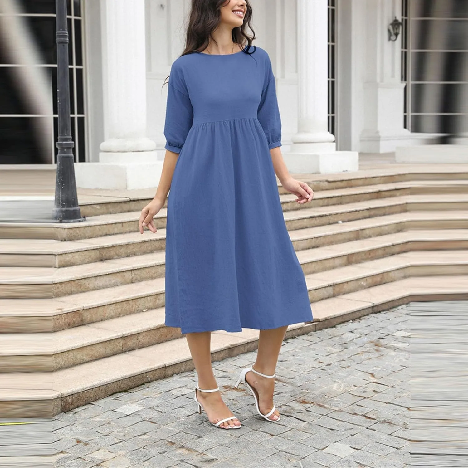 Linen Dress Women 2025 Summer Crew Neck Short Sleeve Solid Color Beach Midi Dresses Fashion Comfy Vacation Sundress